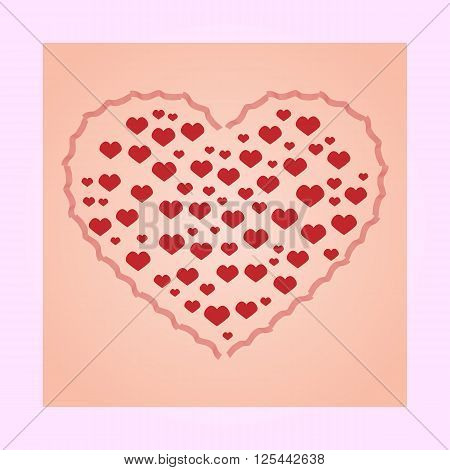 A heart filled with red hearts. Background card invitation. Pink color.