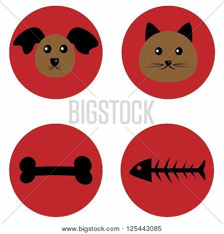 Muzzle of a dog and a cat and a treat. Bone and fish skeleton. Black and brown. The individual elements on a red background. Caricature.
