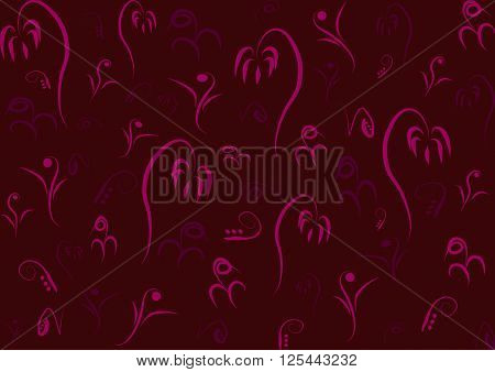 Rectangular contour background pink and purple flowers on dark red. Silhouette. Sketch.