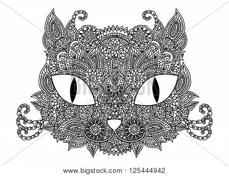 Hand drawn doodle outline vector cat muzzle illustration with abstract floral ornament isolated over white. Coloring page for kids and adults.