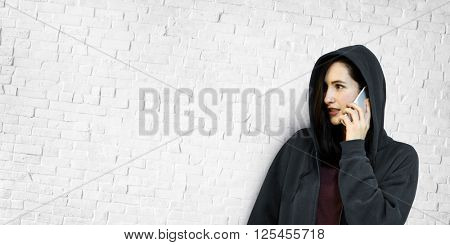 Behind Criminal Female Spying Undercover Staring Concept