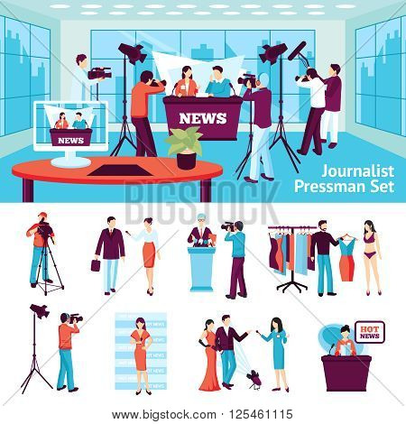 Journalist and pressmen  set with hot news ad conference symbols flat isolated vector illustration