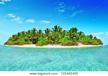 Whole Tropical Island Within Atoll In Tropical Ocean.