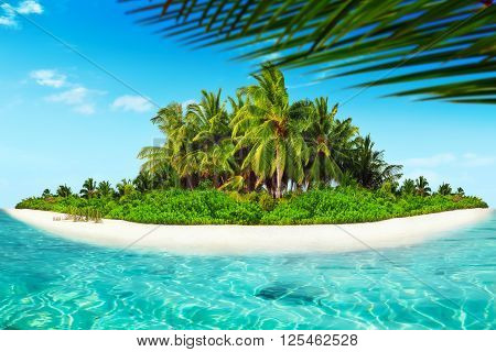 Whole Tropical Island Within Atoll In Tropical Ocean.