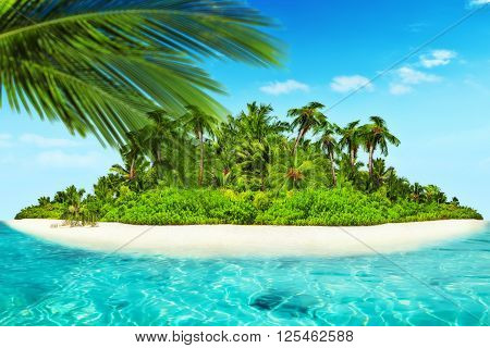 Whole Tropical Island Within Atoll In Tropical Ocean.