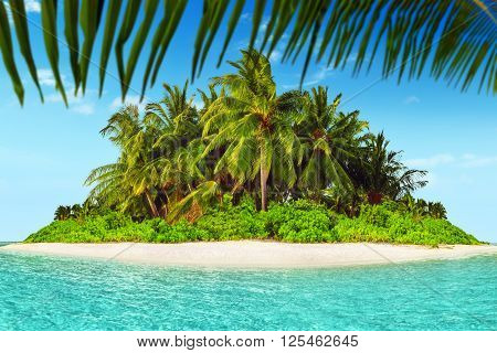 Whole Tropical Island Within Atoll In Tropical Ocean.