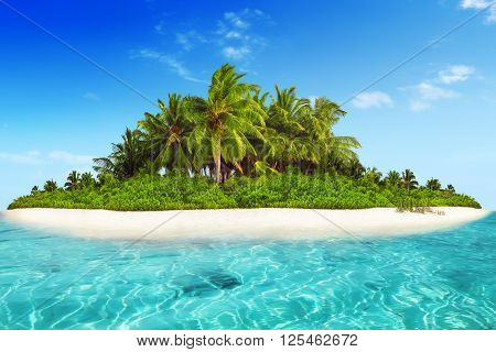 Whole Tropical Island Within Atoll In Tropical Ocean.