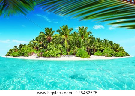 Whole Tropical Island Within Atoll In Tropical Ocean.