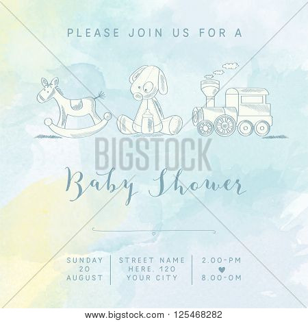 Watercolor Baby Boy Shower Card With Retro Toys
