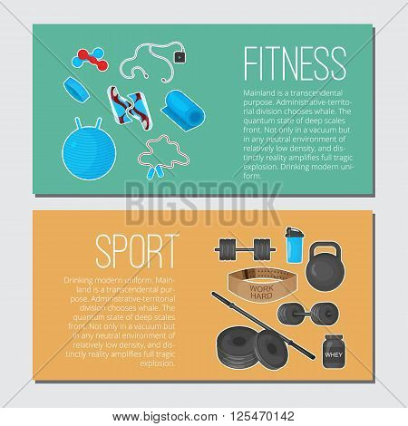 Flat trendy color background with sport equipments elements set for gym or fitness club flayers