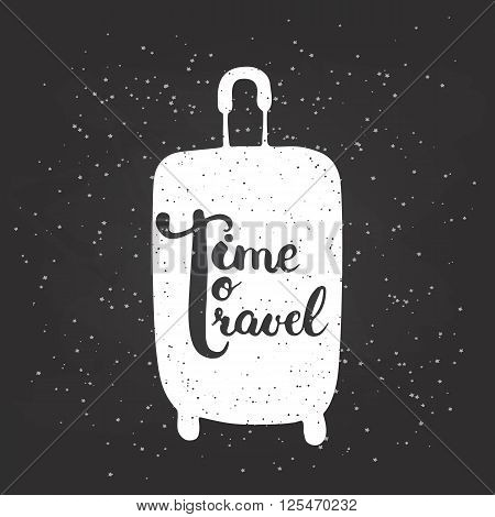 Hand drawn chalk typography lettering phrase Time to travel on the black chalkboard background with white travel bag. Modern calligraphy for typography greeting and invitation card or t-shirt print.