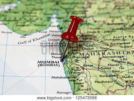 Map with pin point of Mumbai in India