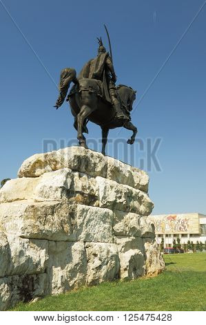 Skanderbeg's monument National Museum mosaic in the background Tirana Albania