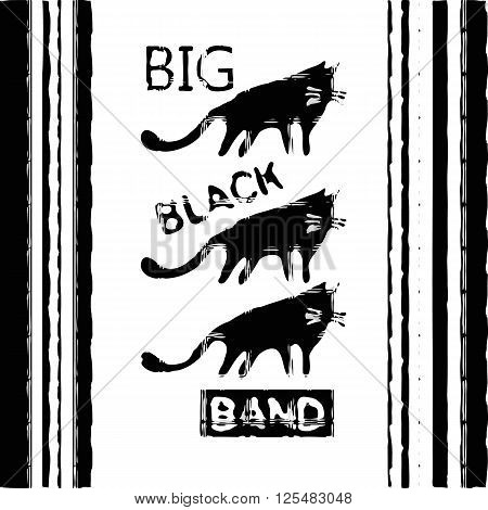 Gang of black cats. Retro design for posters, T-shirts, bags with silhouettes of cats and grunge effect. Vector illustration