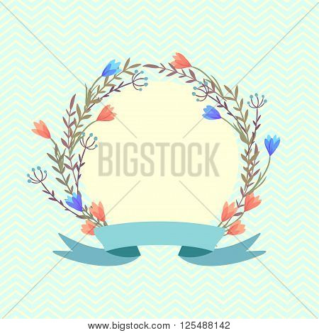 vector illustration for greeting card. wreath of spring flowers and ribbon for an inscription