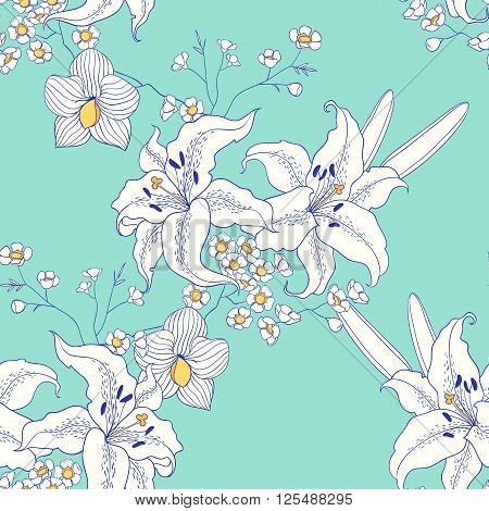 vector seamless pattern with hand drawn white lily