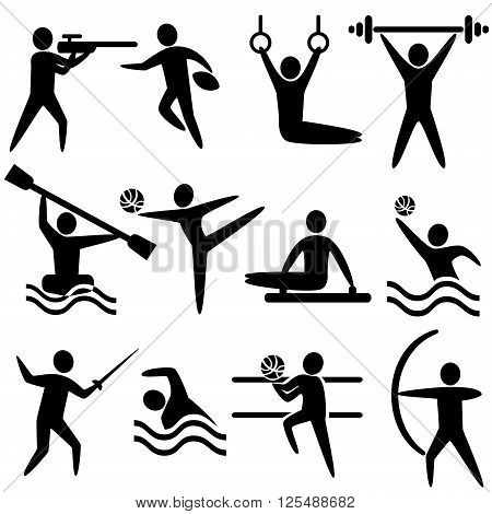 Set of sports icons: shooting rugby gymnastics American football power lifting kayaking canoeing barbell weightlifting water polo archery fencing swimming volleyball