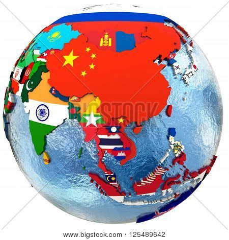 Political map of southeast Asia with each country represented by its national flag. Isolated on white background. 3D Rendering