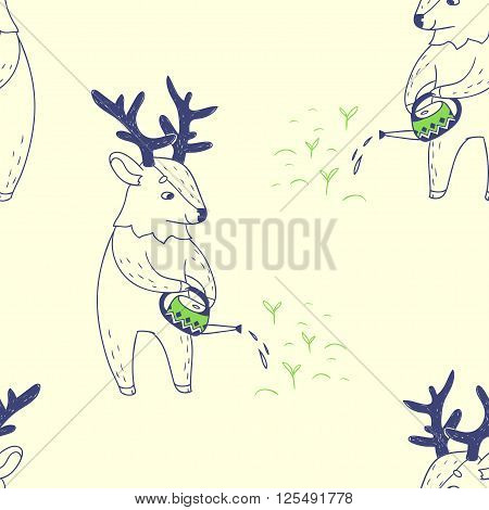 vector seamless pattern with Deer watering plants in the spring garden