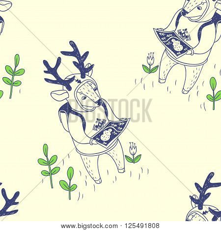 vector seamless pattern with Deer outdoor in the spring