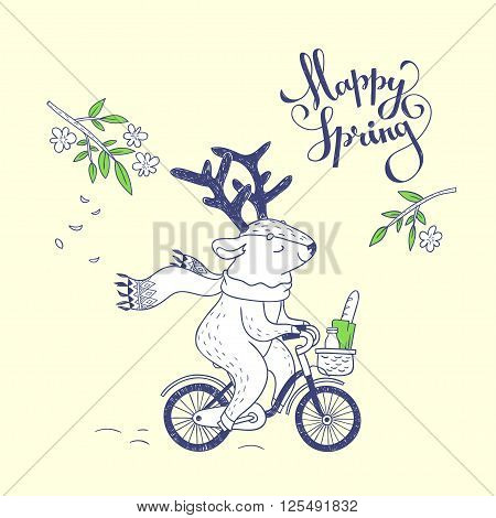 vector hand drawn illustration with Deer riding a bike in the spring