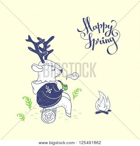 vector illustration with Deer smoking a pipe at the fire