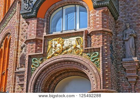 Unicorn and snails of Old Pharmacy Building in Hanover in Germany. Hannover or Hannover is a city in Lower Saxony of Germany.