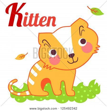 A vector illustration of cute kitten on meadow. Kitten for K letter