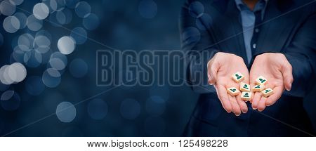 Human resources sales force customer care customer relationship management (CRM) marketing segmentation and team building concepts. Wide banner composition with bokeh in background.