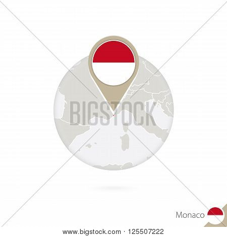 Monaco Map And Flag In Circle. Map Of Monaco, Monaco Flag Pin. Map Of Monaco In The Style Of The Glo