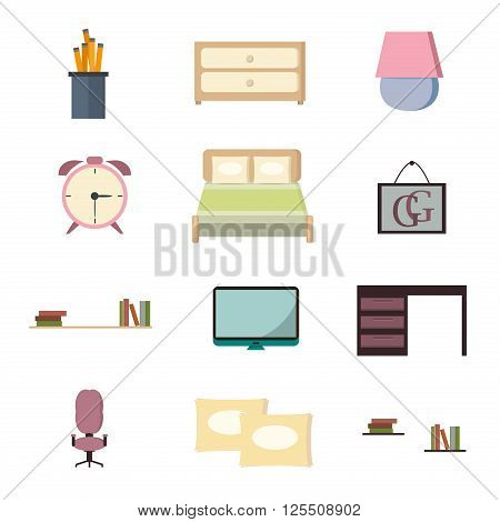 Set bedroom icons interior with furniture flat style vector illustration. Home bedroom icons interior and bedroom icons furniture house. Modern apartment bedroom icons luxury architecture relaxation.