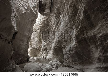 Beautiful rocks of Avakas Gorge in Cyprus. Monochromatic image.