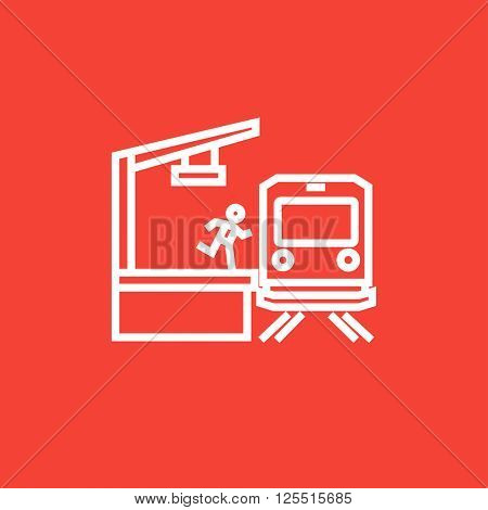 Latecomer man running along the platform to reach train line icon.