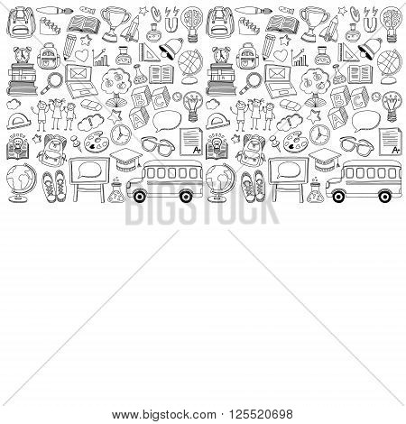 Back to School doodle set. Supplies for Sport Art Reading Science Geography Biology Physics Mathematics Astronomy Chemistry
