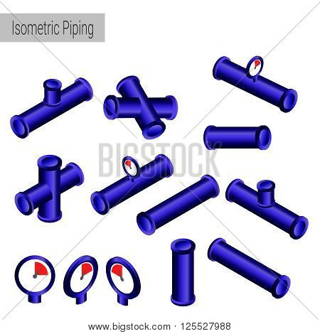 Vector 3d flat isometric illustration collection of detailed Construction Pieces: pipes fittings gate valve faucet ells.