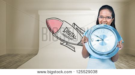 Delighted businesswoman holding a clock against large white screen