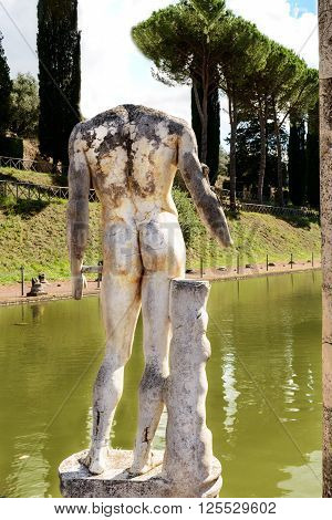 Ancient ruins of Villa Adriana(Canopus canal pool surrounded by columns and statues) Tivoli Italy