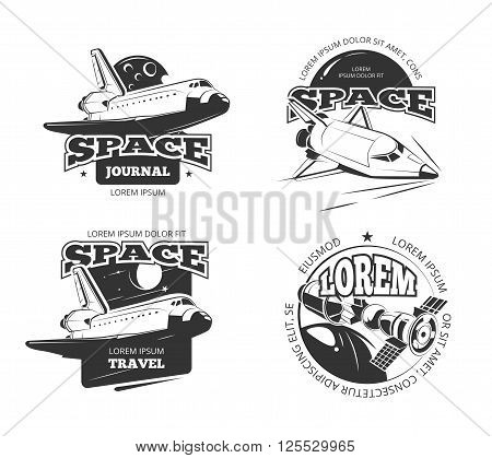 Cosmos, space astronaut badges, emblems and logos vector set. Label travel cosmos, science cosmos travel satellite, cosmos ship, space rocketship logo illustration
