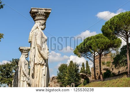 Ancient ruins of Villa Adriana(Canopus statues facing the sky) Tivoli Italy