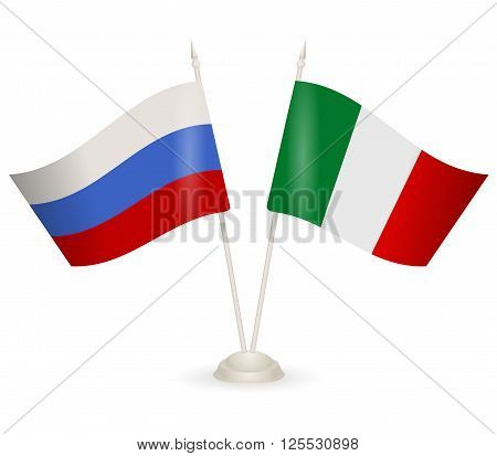 Table stand with flags of Russia and Italy. Symbolizing the cooperation between the two countries.