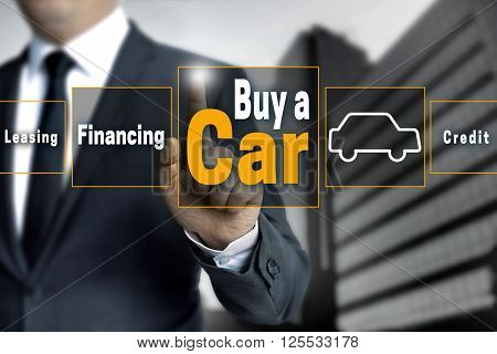 buy a car touchscreen is operated by businessman.