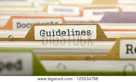 File Folder Labeled as Guidelines in Multicolor Archive. Closeup View. Blurred Image. 3D Render.