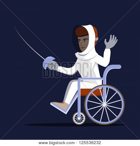 Disabled fencing young man in a wheelchair. Vector illustration of handicapped swordsman with rapier. Flat design, isolated background. Concept for sport, summer paralympic games, recovery, swordplay.
