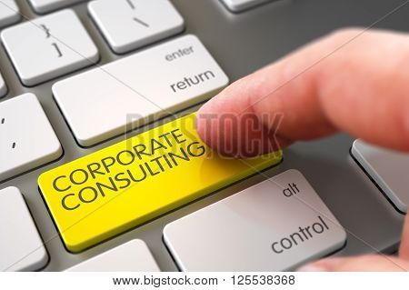Hand of Young Man on Corporate Consulting Yellow Keypad. Corporate Consulting Concept - Laptop Keyboard with Key. Corporate Consulting Concept - Modern Keyboard with Corporate Consulting Keypad. 3D.