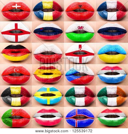 Collection of Female lips close up with a picture flags of europe.