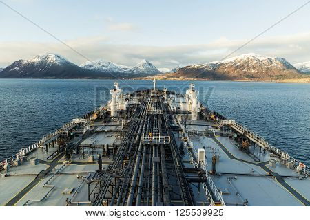 Big crude oil tanker in fiord - Norway.