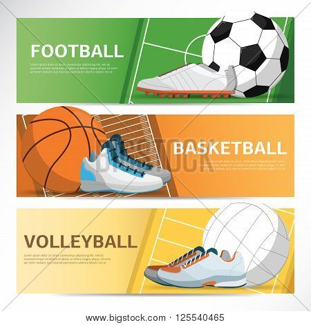 Illustration concept of sport banners. Footbal field. Basketball field. Volleyboll field. Active fitness symbol. Balls icon. Flat design.