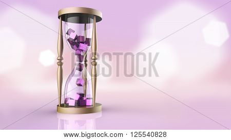 Hourglass with purple cubes inside on blurry background 3D illustration