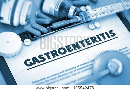 Gastroenteritis Diagnosis, Medical Concept. Composition of Medicaments. Gastroenteritis - Printed Diagnosis with Blurred Text. Gastroenteritis, Medical Concept with Selective Focus. 3D Render.