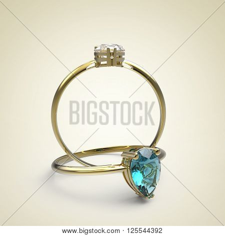 Wedding rings with diamonds on a light background. Fashion jewelry. 3d digitally rendered illustration